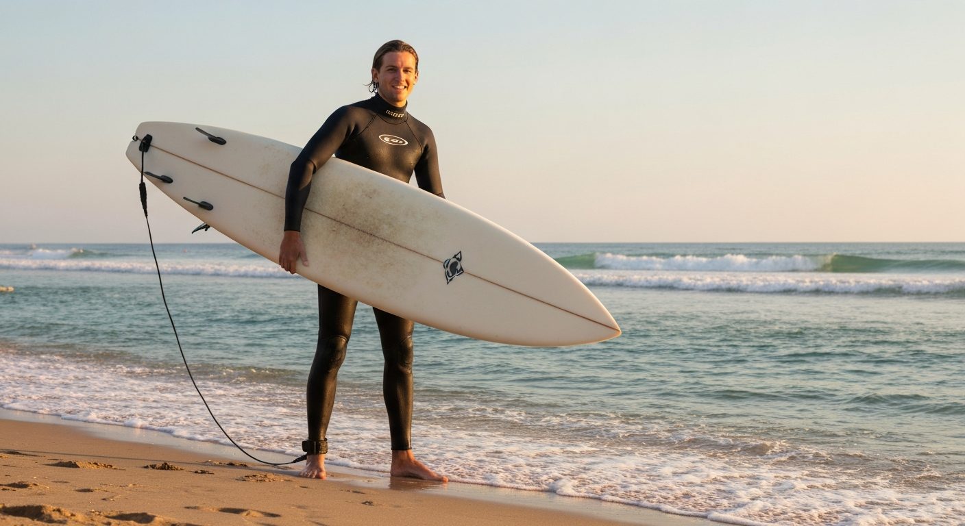 A beginner surfer holding a foam surfboard on the beach