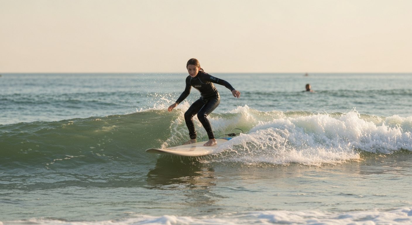 A beginner surfing a small whitewater wave