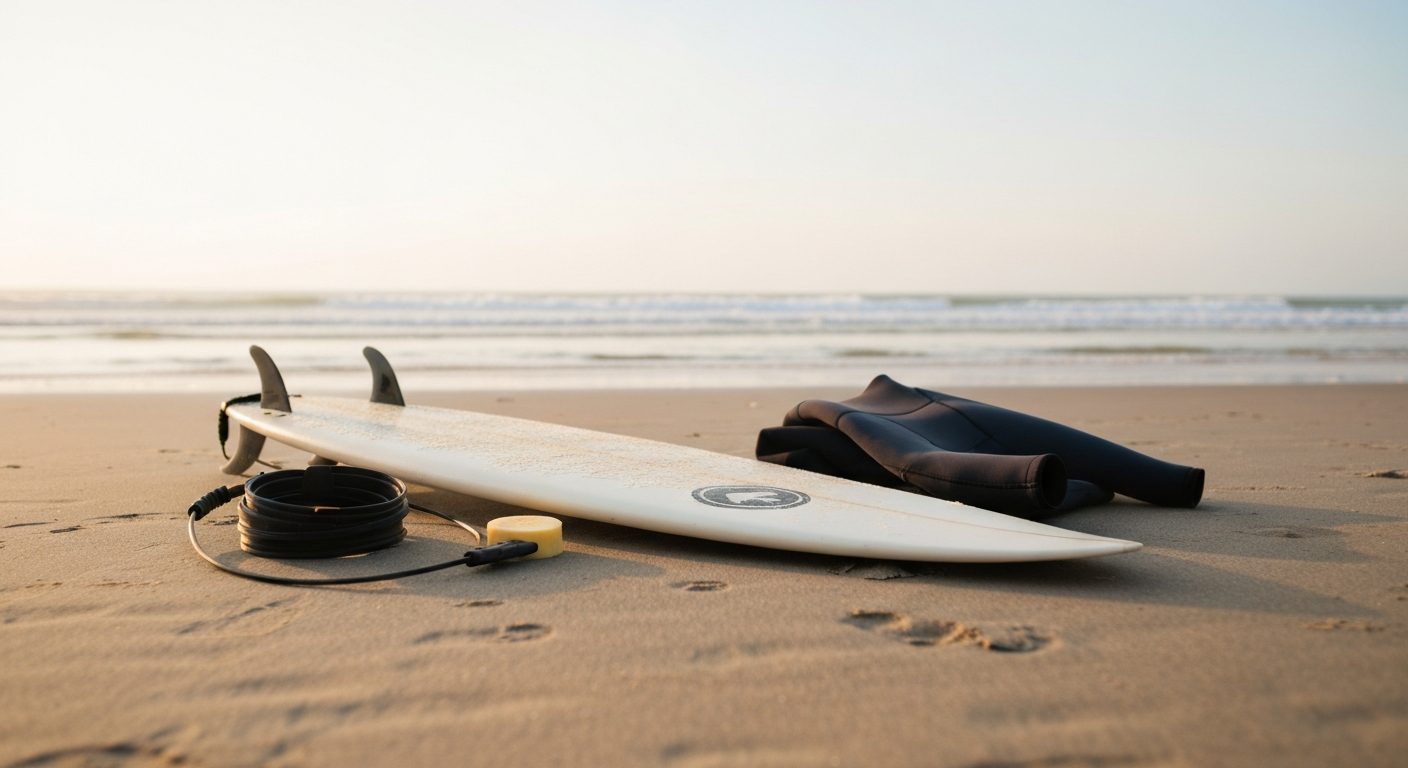 Surfing gear for beginners - a surfboard leash wax and wetsuit on the sand