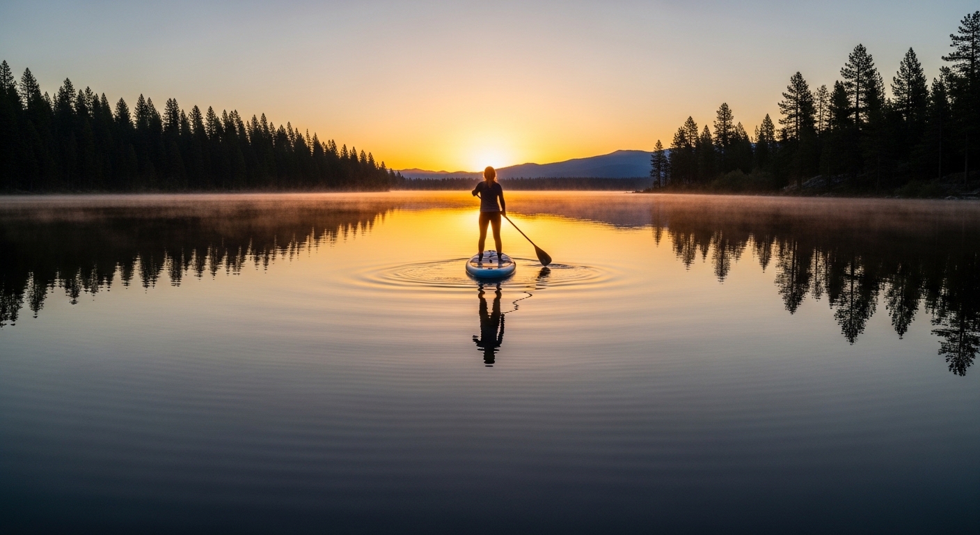 Mental and physical benefits of paddle boarding - a peaceful paddler at sunrise