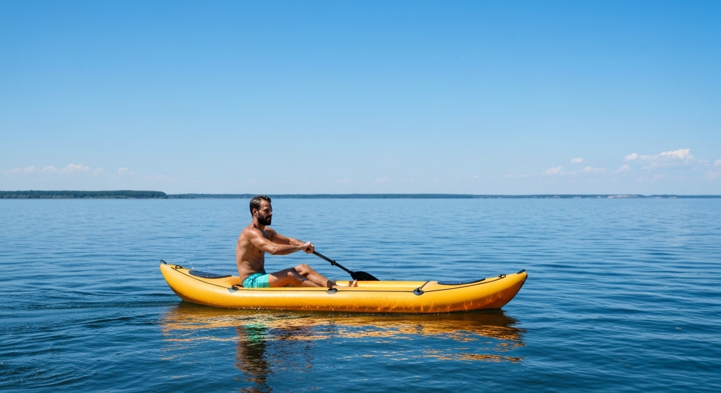 Best inflatable kayak - a paddler on a packable inflatable kayak on a calm lake