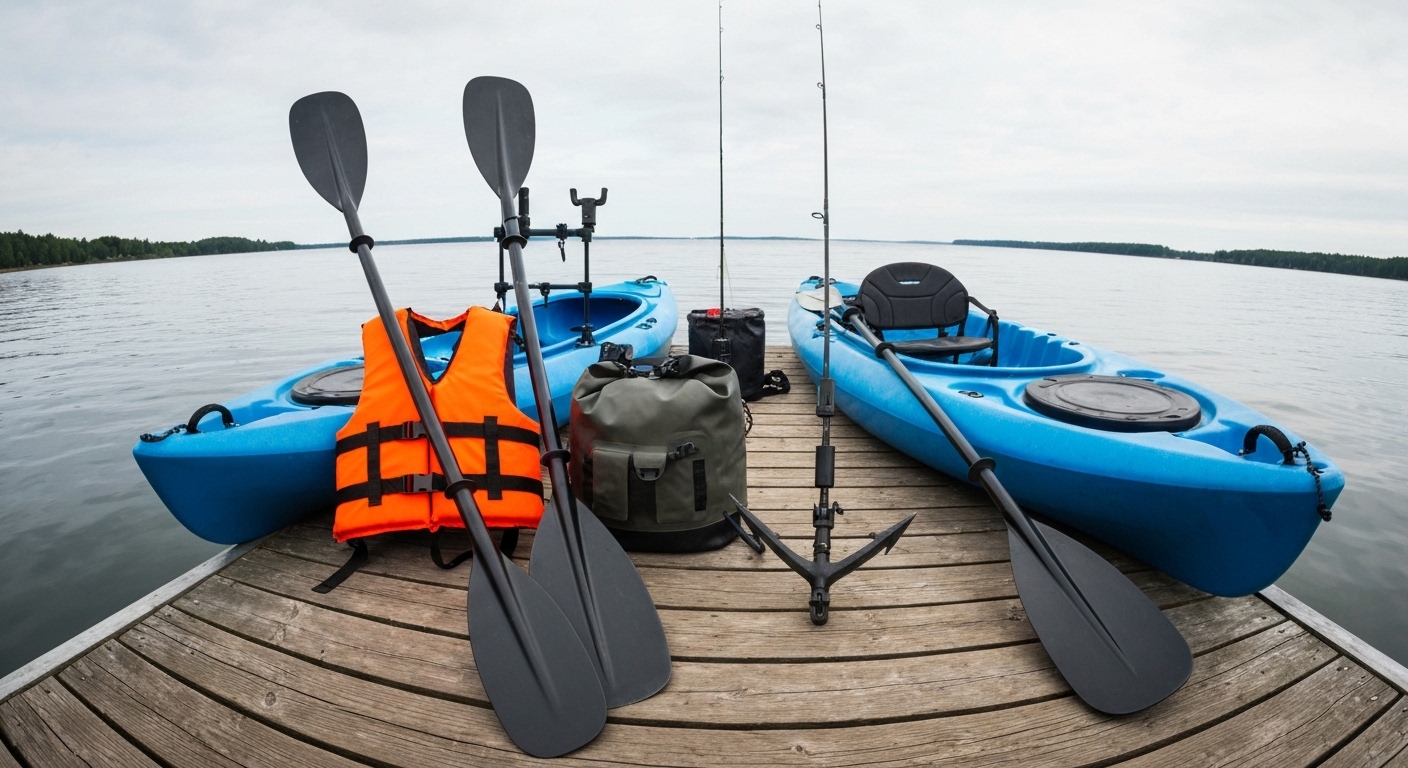 Best kayak accessories - kayak fishing gear laid out on a dock ready to load