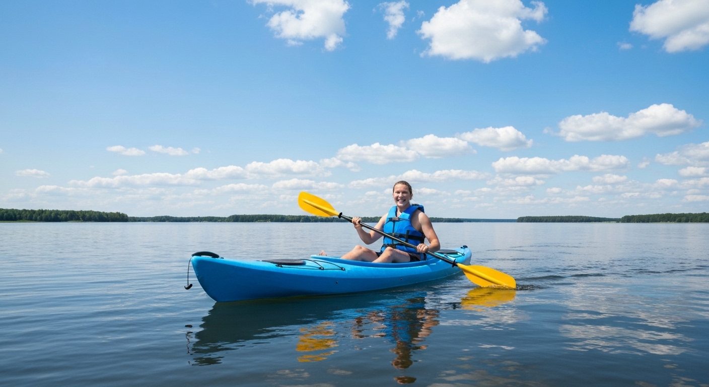 Best kayak under $500 - a paddler on an affordable recreational kayak on a sunny lake
