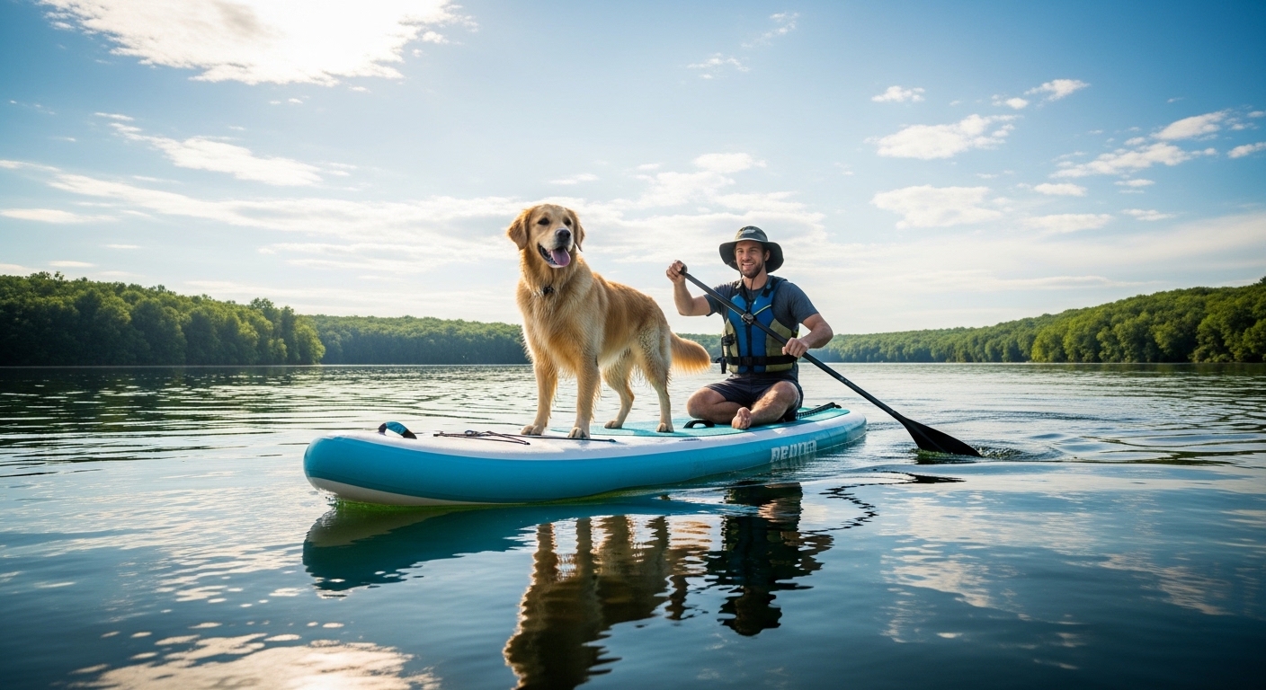 Best paddle board for dogs - a dog standing on a wide stable SUP with its owner