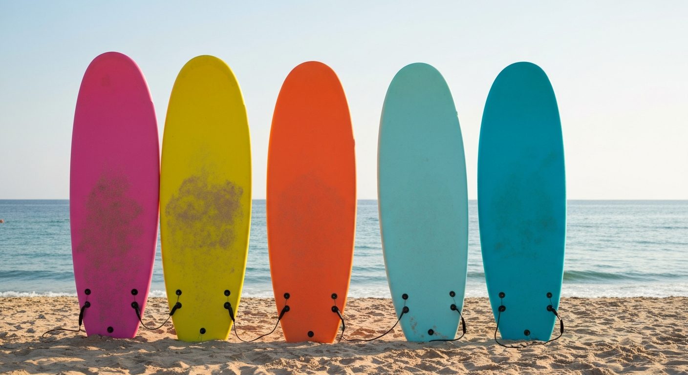 Best soft top surfboard - colorful foam surfboards standing in beach sand