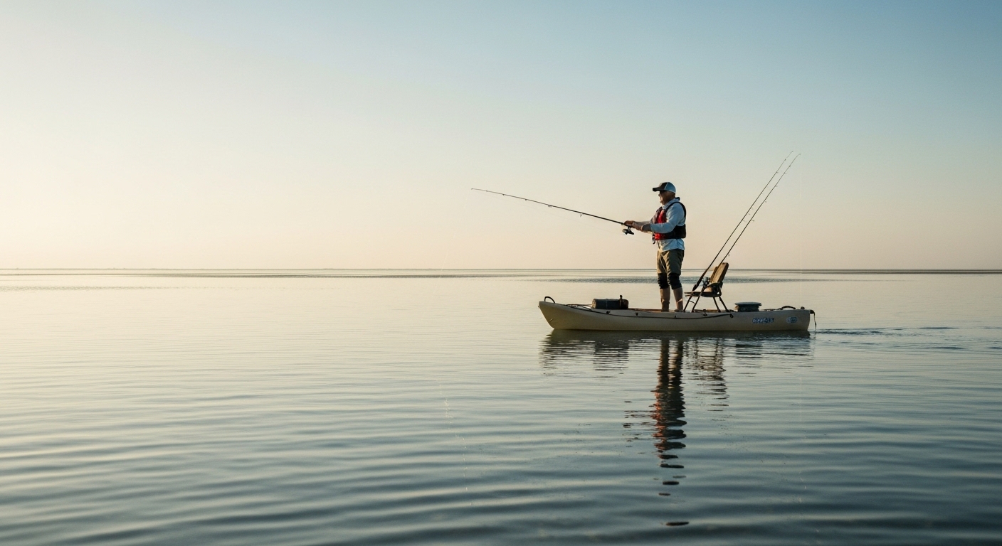 Stand up fishing kayak - an angler standing and casting from a stable fishing kayak