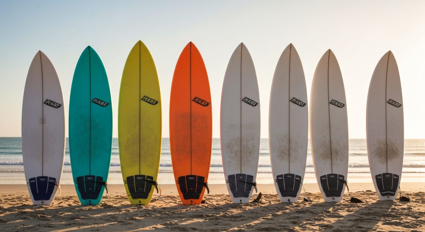 Best surfboard brands - a lineup of different brand surfboards on the beach