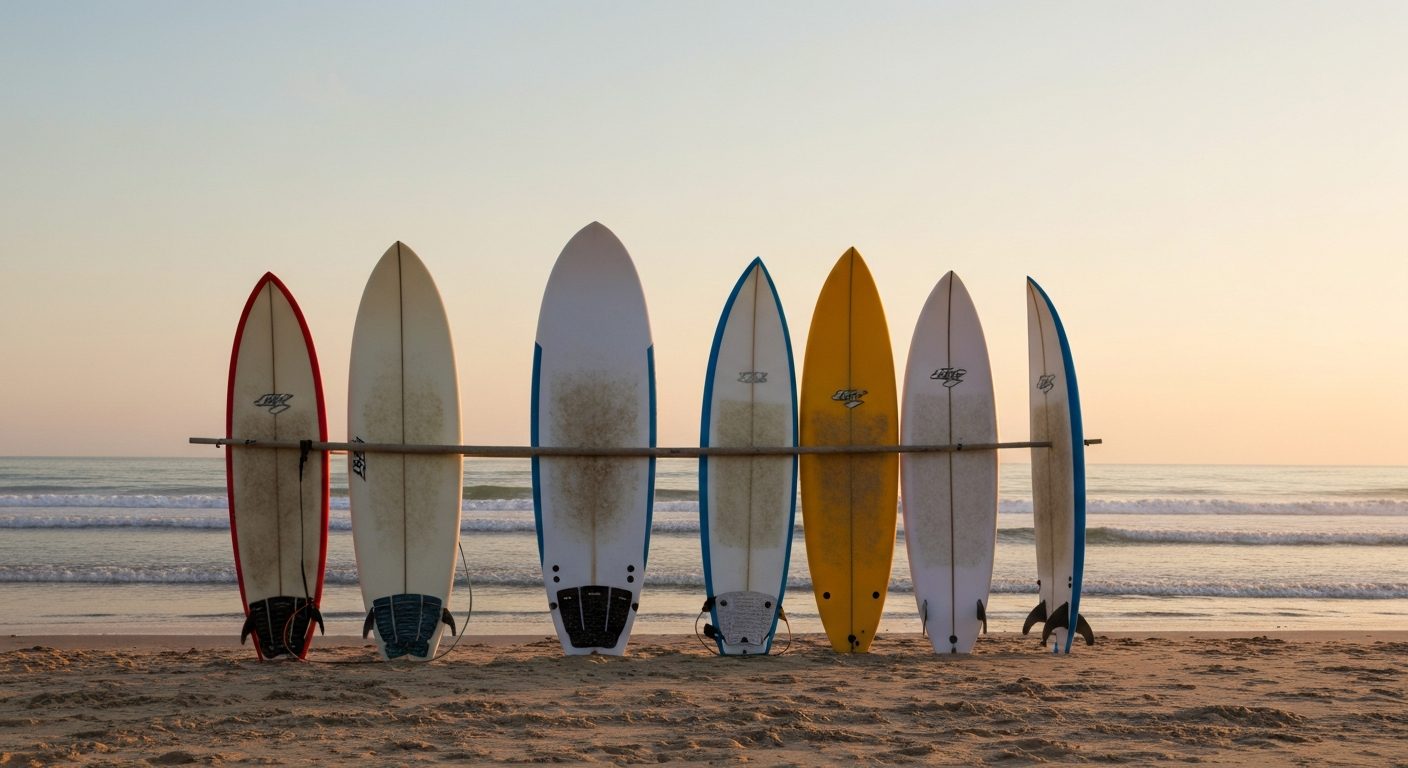 Best surfboards - a quiver of surfboards standing in beach sand at sunset