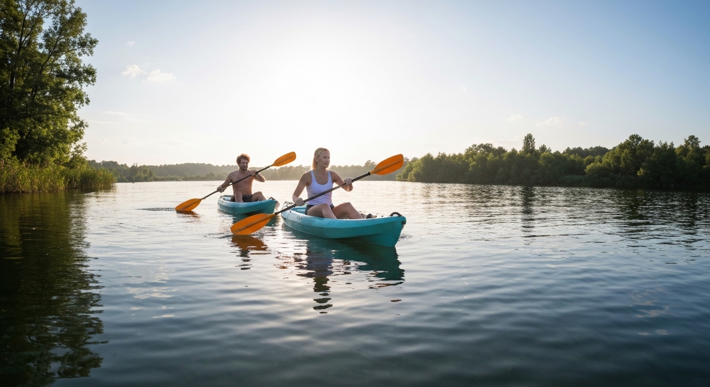 Best tandem kayak - two people paddling a two-person kayak together on a lake