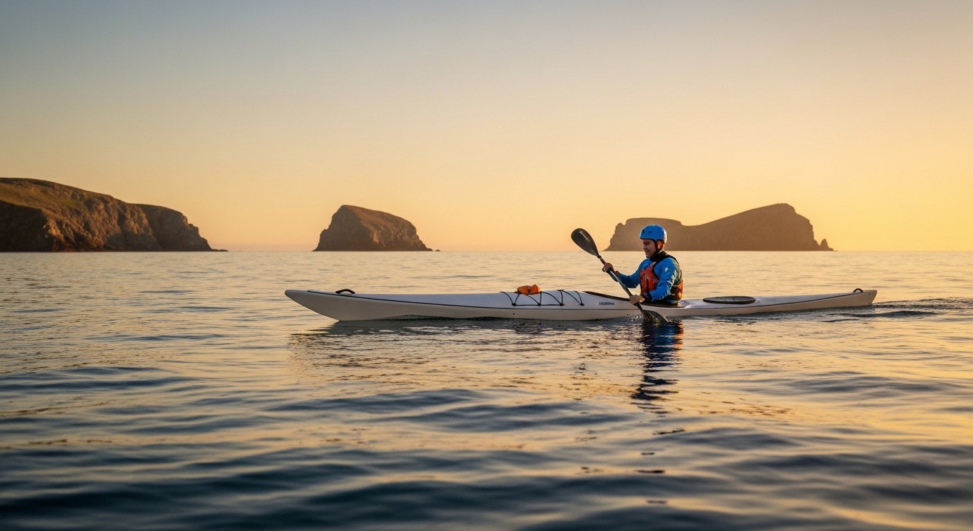 Best touring kayak - a paddler in a sleek sea kayak gliding across open water