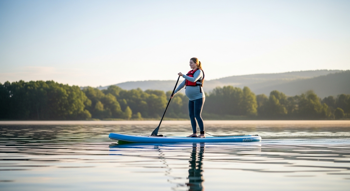 Can you paddle board while pregnant - a pregnant paddler safely on calm water with a PFD