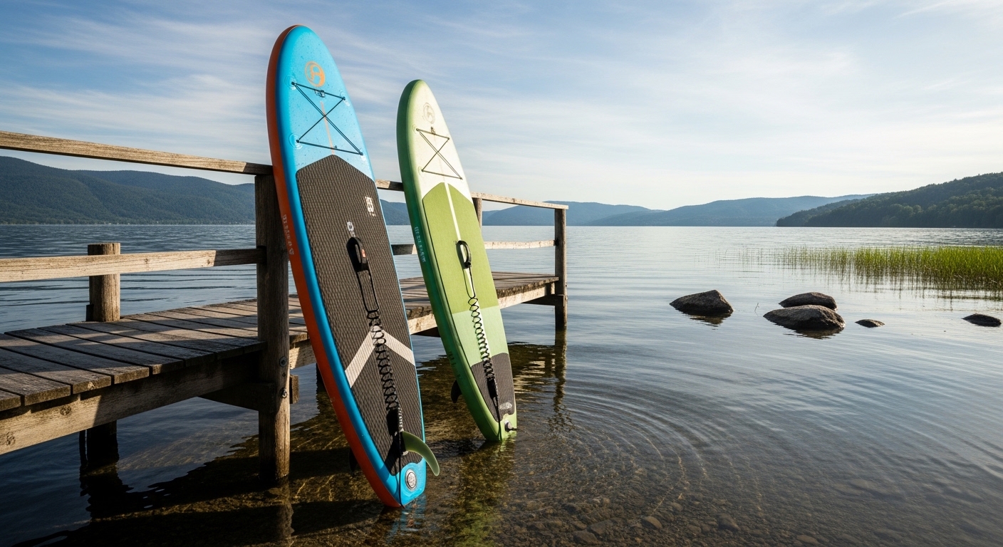 Fiberglass vs inflatable paddle board - a hard board and an iSUP side by side