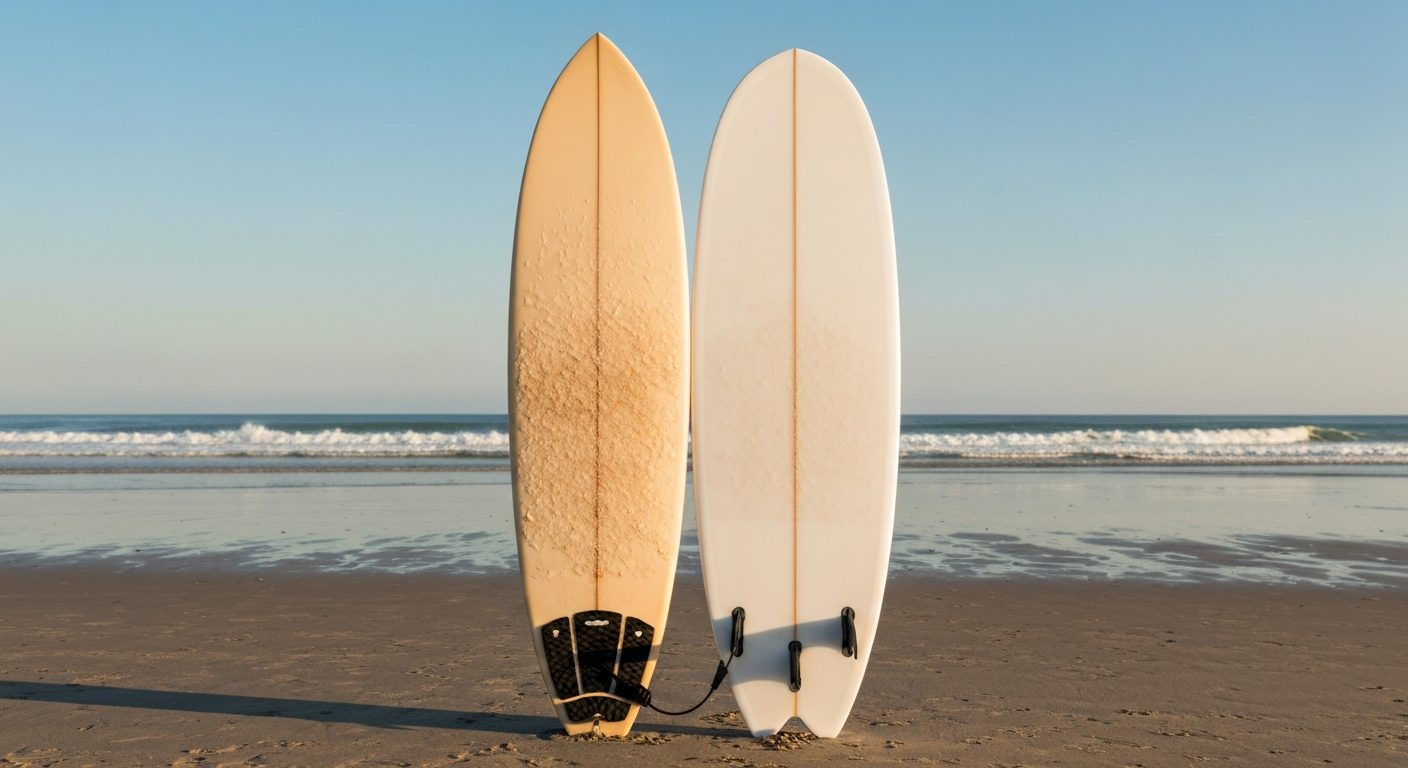 Foam vs fiberglass surfboard - a soft-top and a fiberglass board side by side