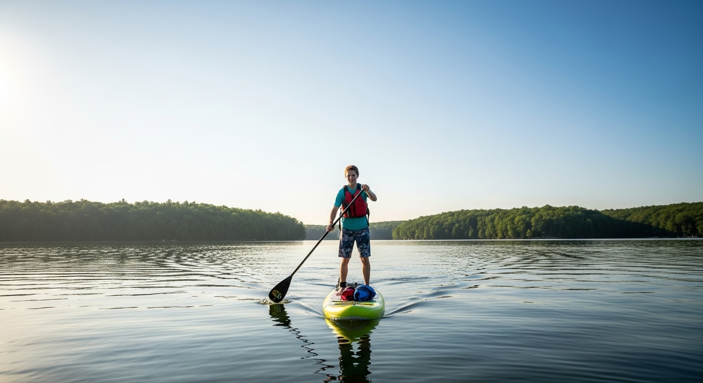 How long to learn paddle boarding - confident beginner paddling a SUP