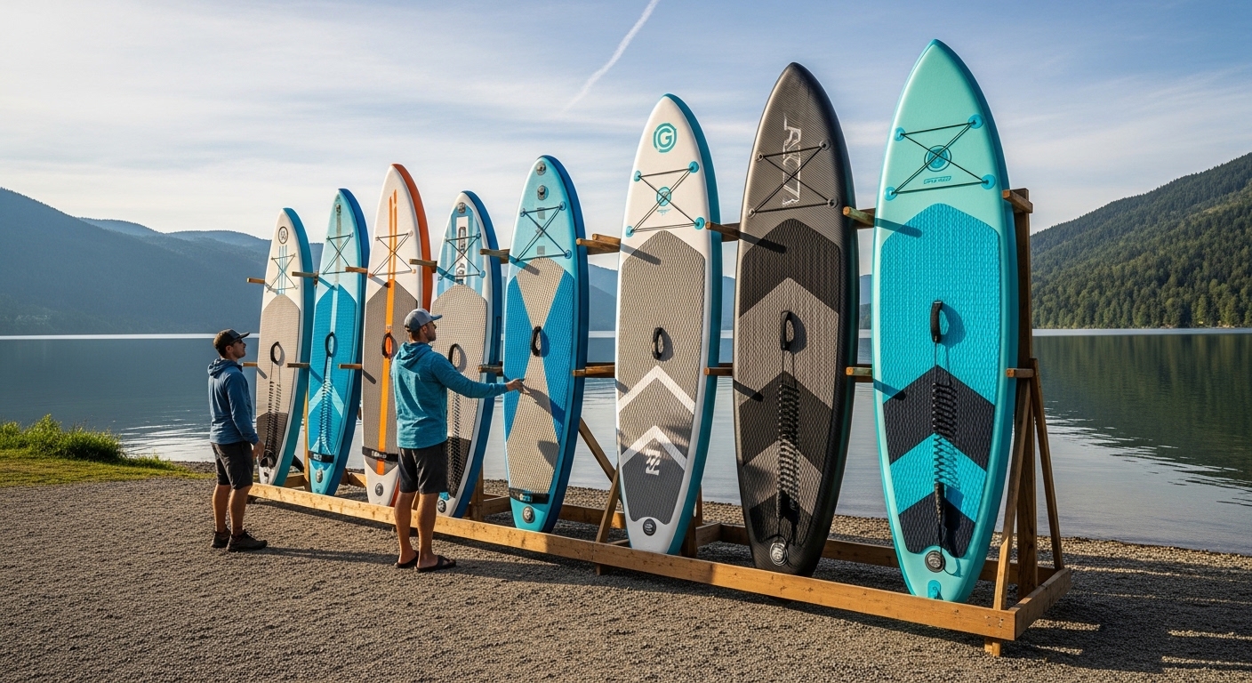 How much does a paddle board cost - lineup of SUPs at different prices