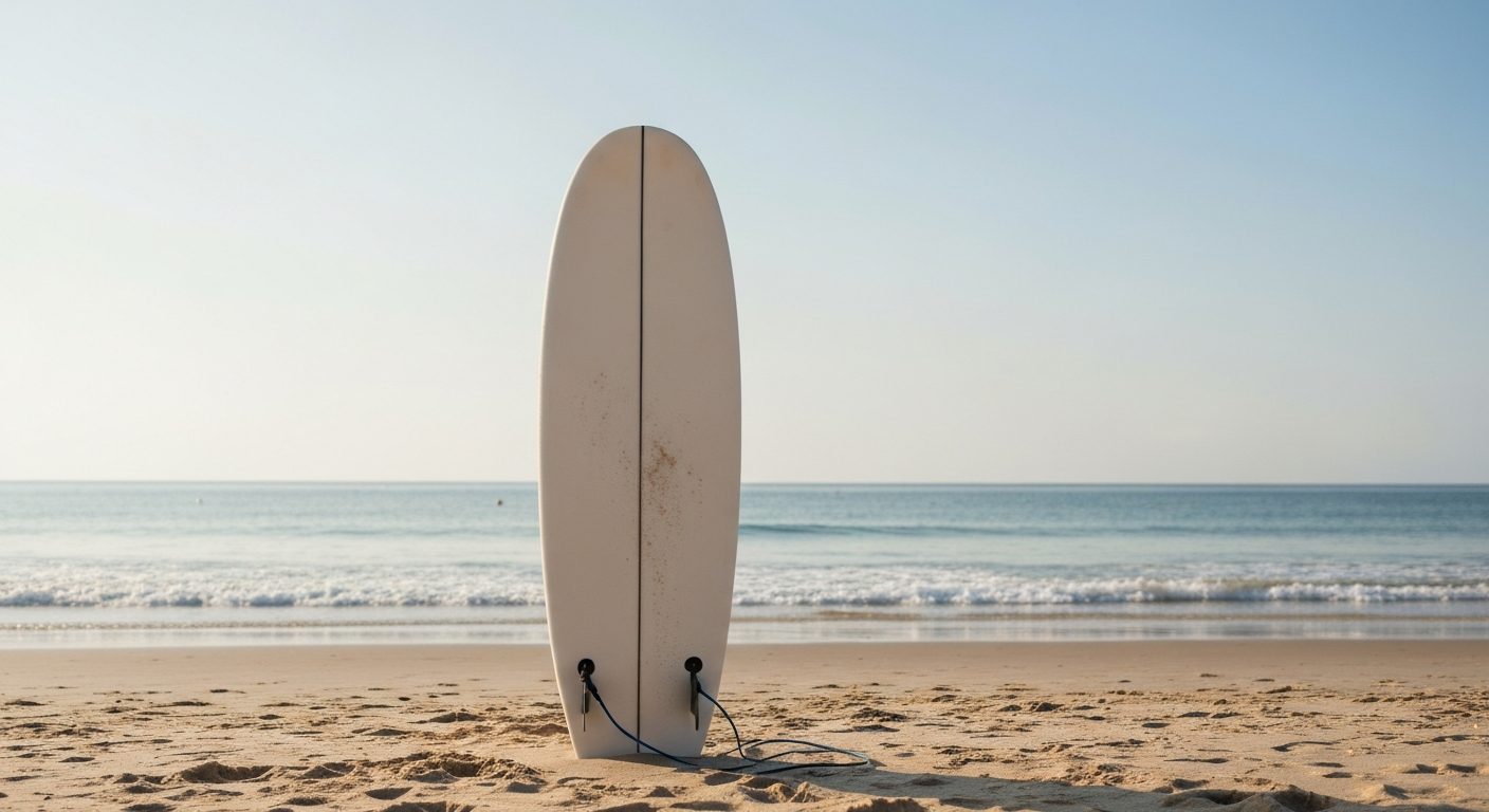 How much to spend on a first surfboard - a foam beginner surfboard on the beach