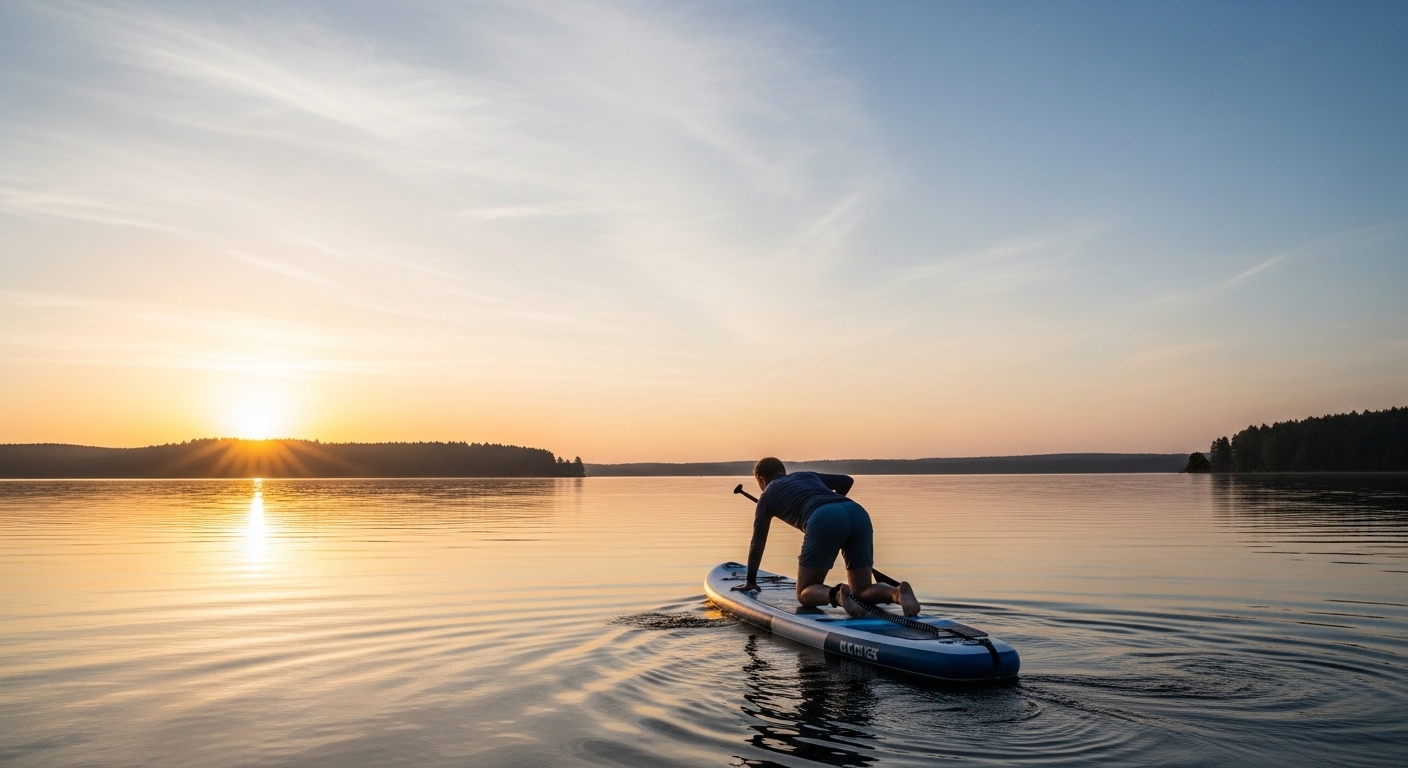 How to stand up on a paddle board - paddler rising to stand on a SUP