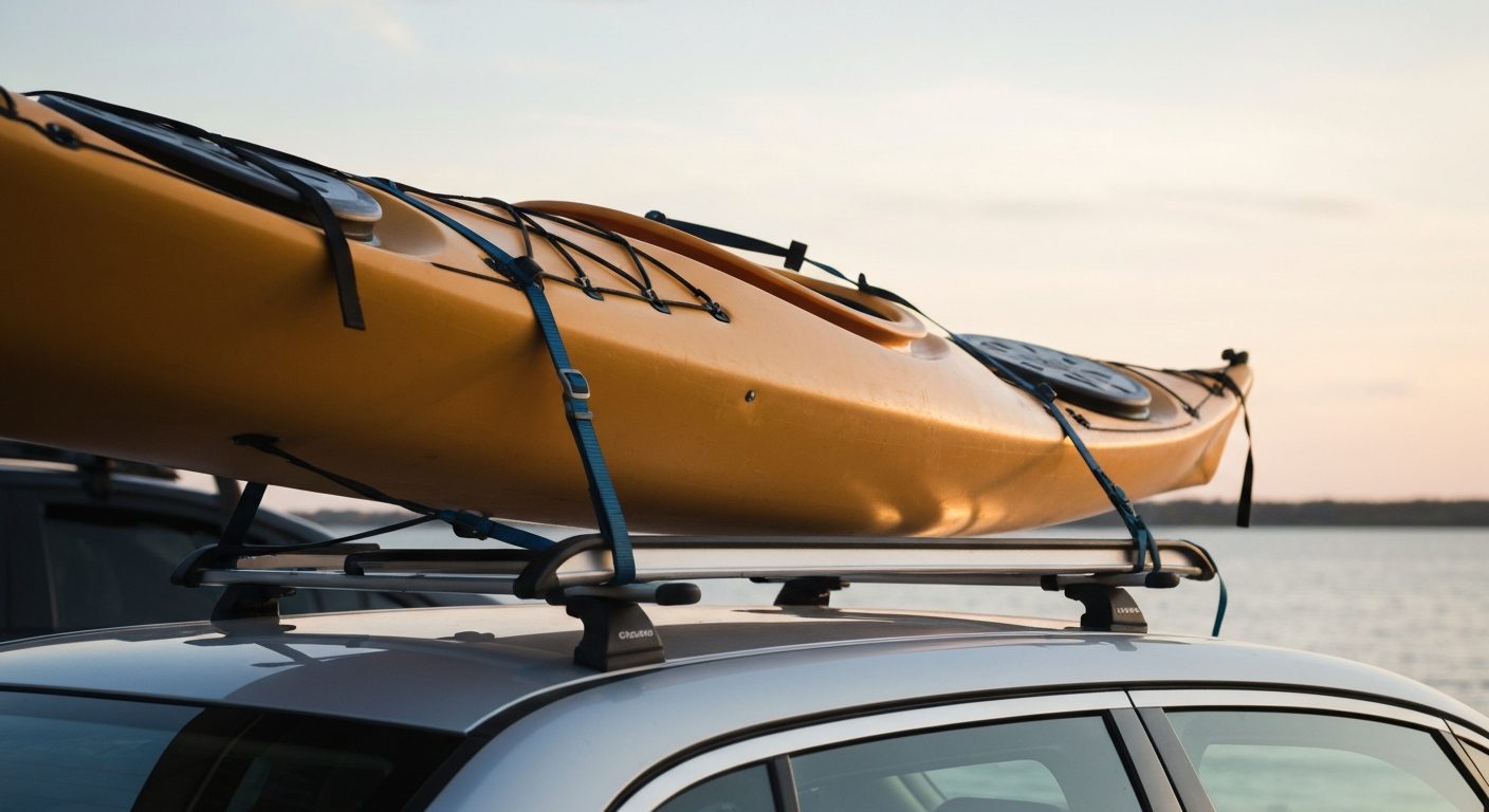 How to tie down a kayak on a car roof rack with cam straps and bow lines