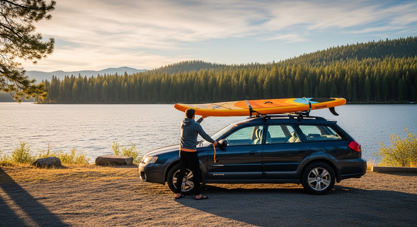 How to transport a paddle board - loading a SUP onto a car roof rack at a lake