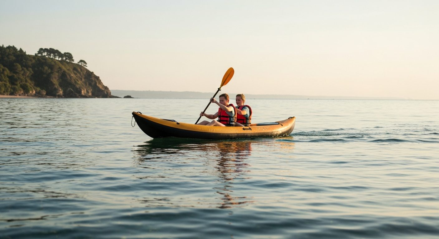 Inflatable kayak in the ocean on calm coastal water