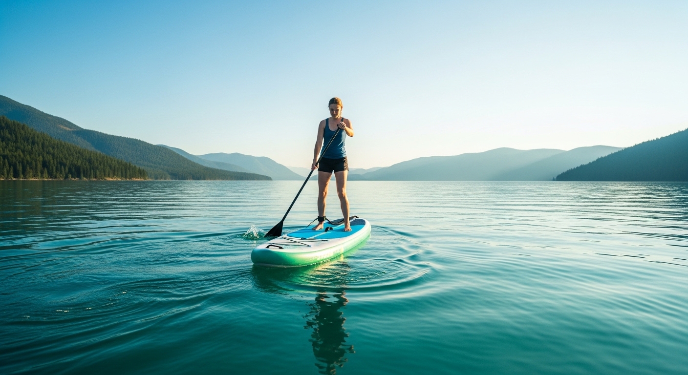 Inflatable paddle boards — a stiff inflatable SUP being paddled on a calm lake