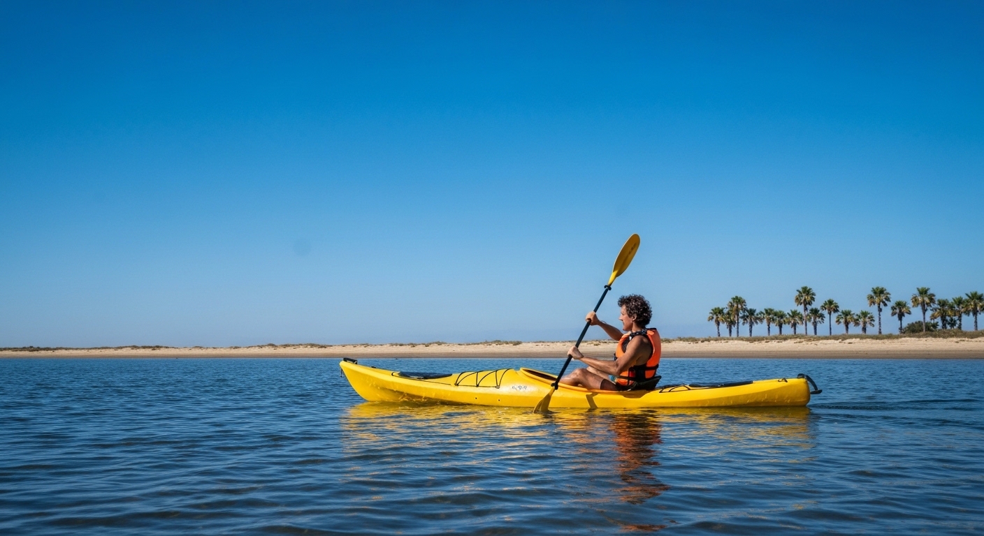 Is kayaking safe - a kayaker in a life jacket on calm water near shore