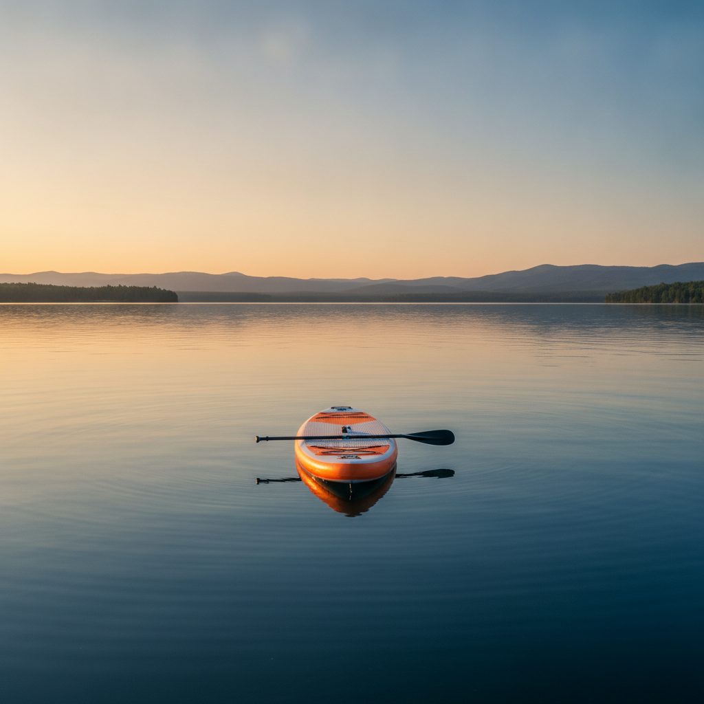 ISLE inflatable paddle board on a calm lake