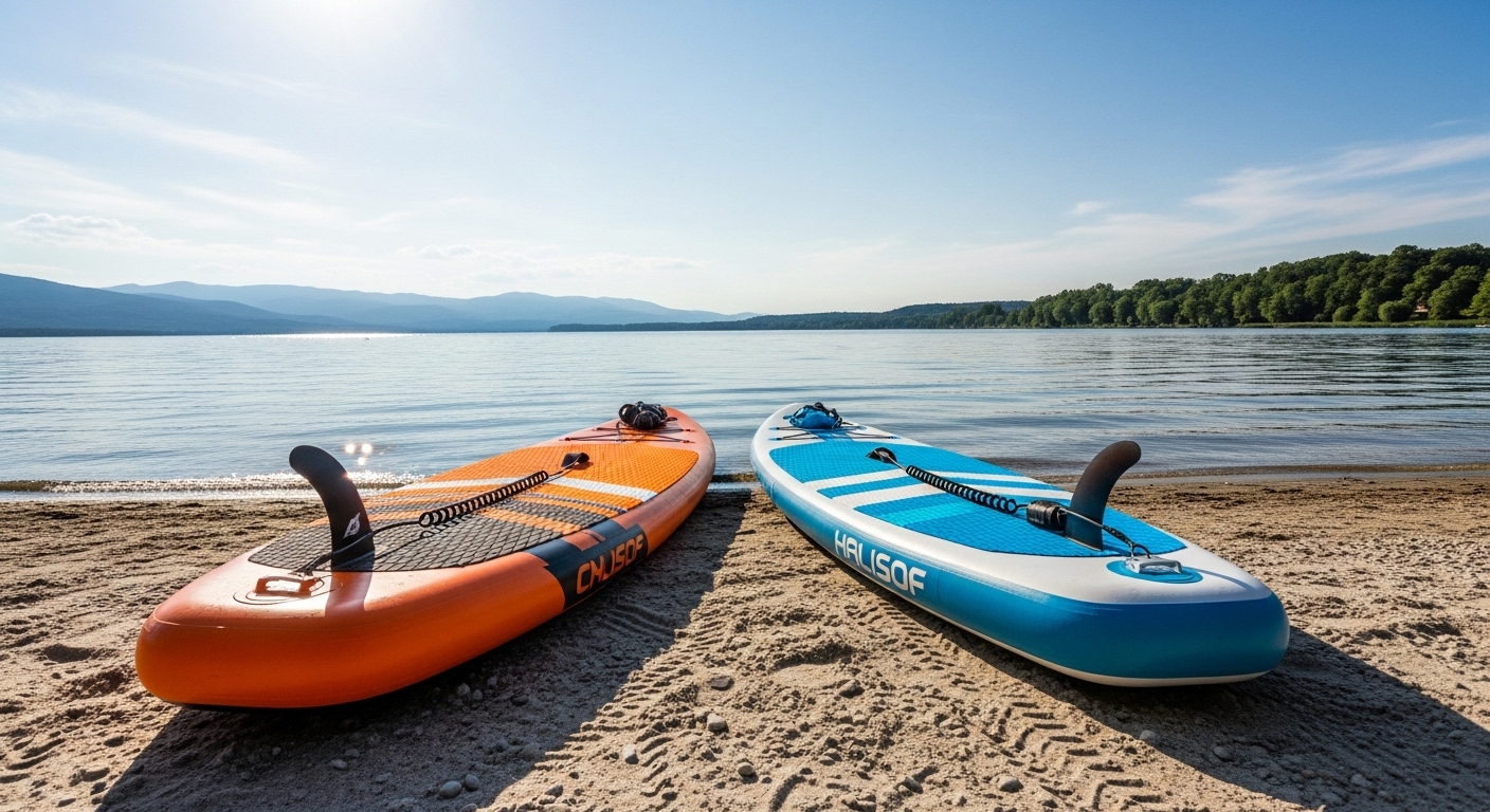 ISLE vs iRocker advantages - two inflatable paddle boards compared on a beach