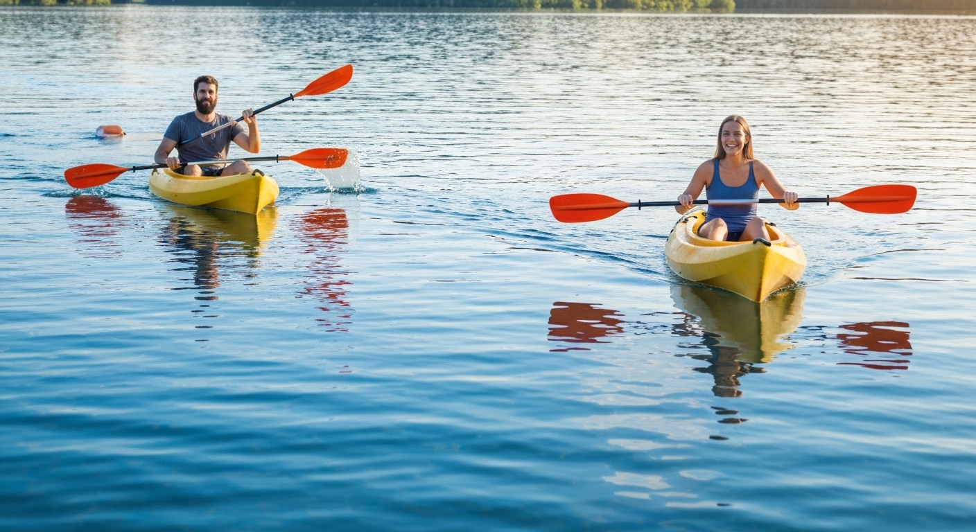 A beginner paddling a stable recreational kayak on a calm lake