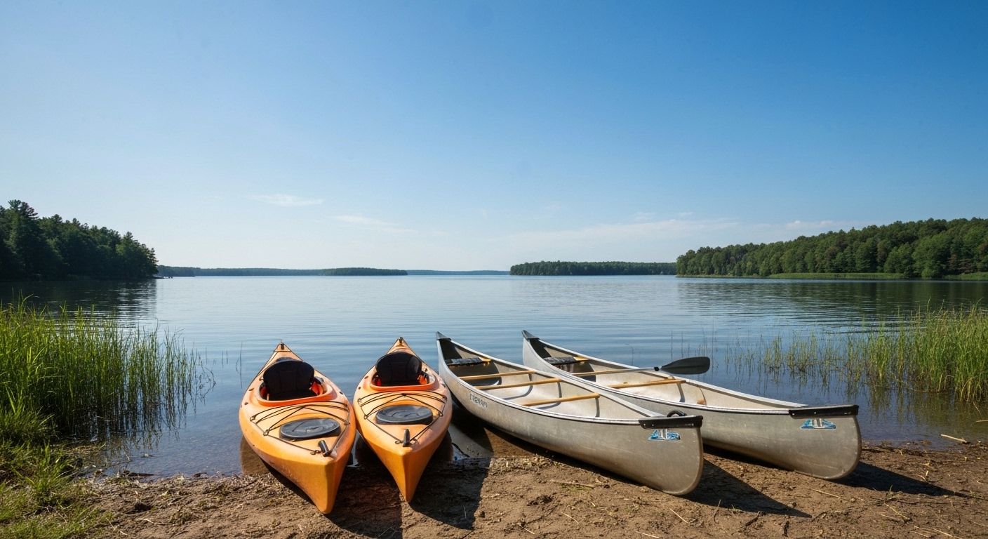 Kayak vs canoe - a kayak and a canoe side by side on a lake shore