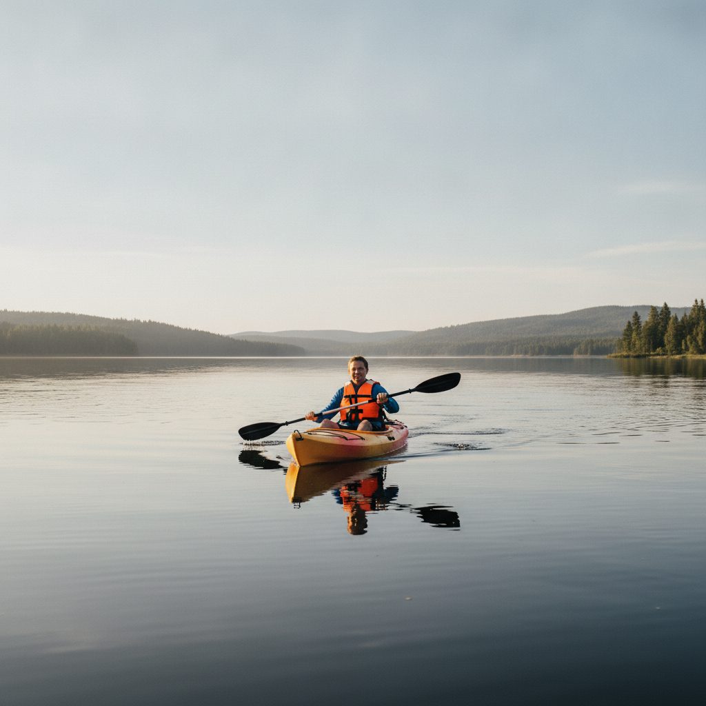 Kayaking for beginners - paddling a sit-on-top kayak on a calm lake