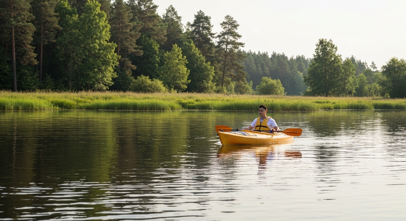 Kayaking for relaxation - a relaxed paddler drifting on calm glassy water