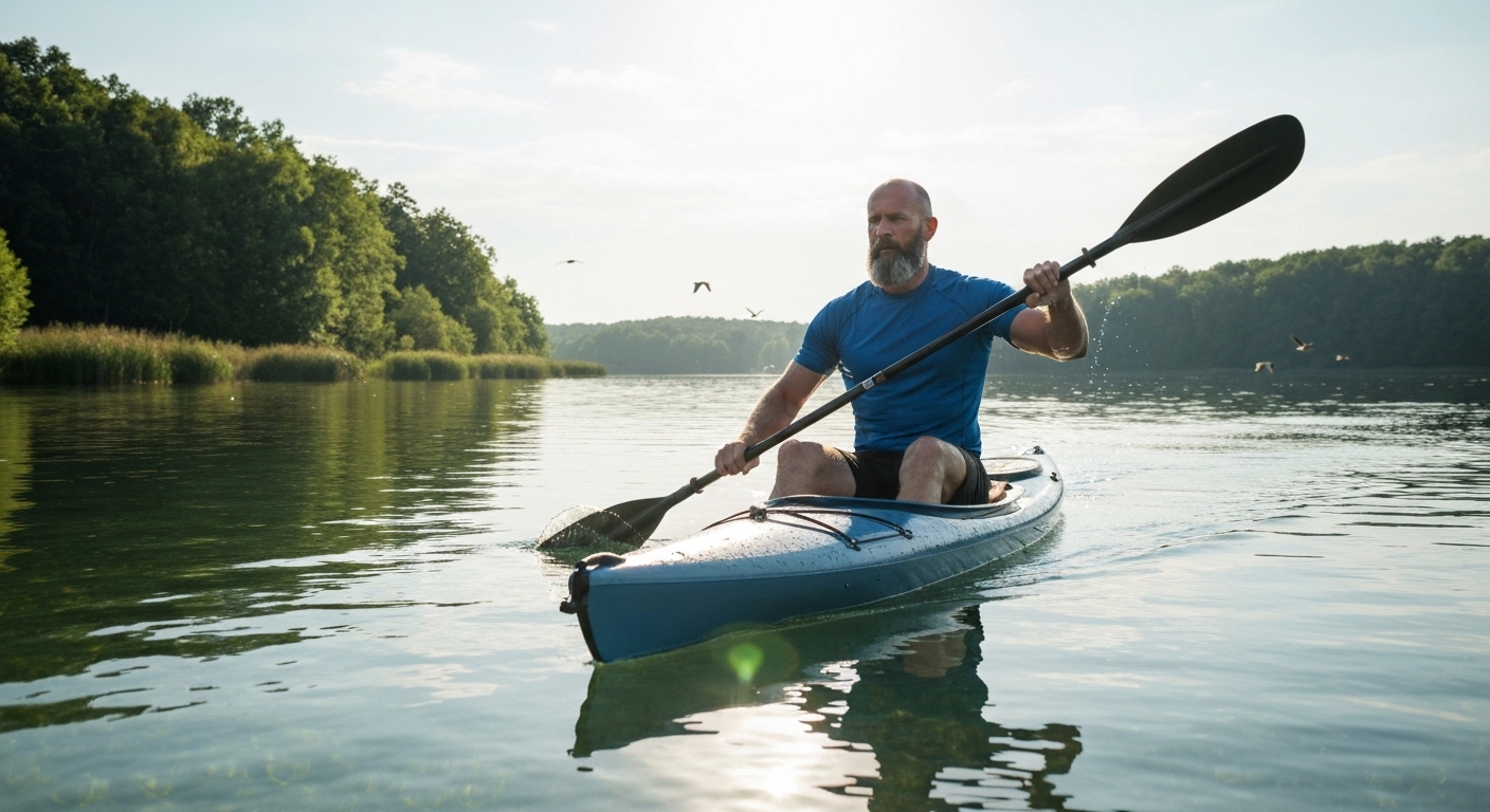 Kayaking health benefits - a healthy active person paddling a kayak