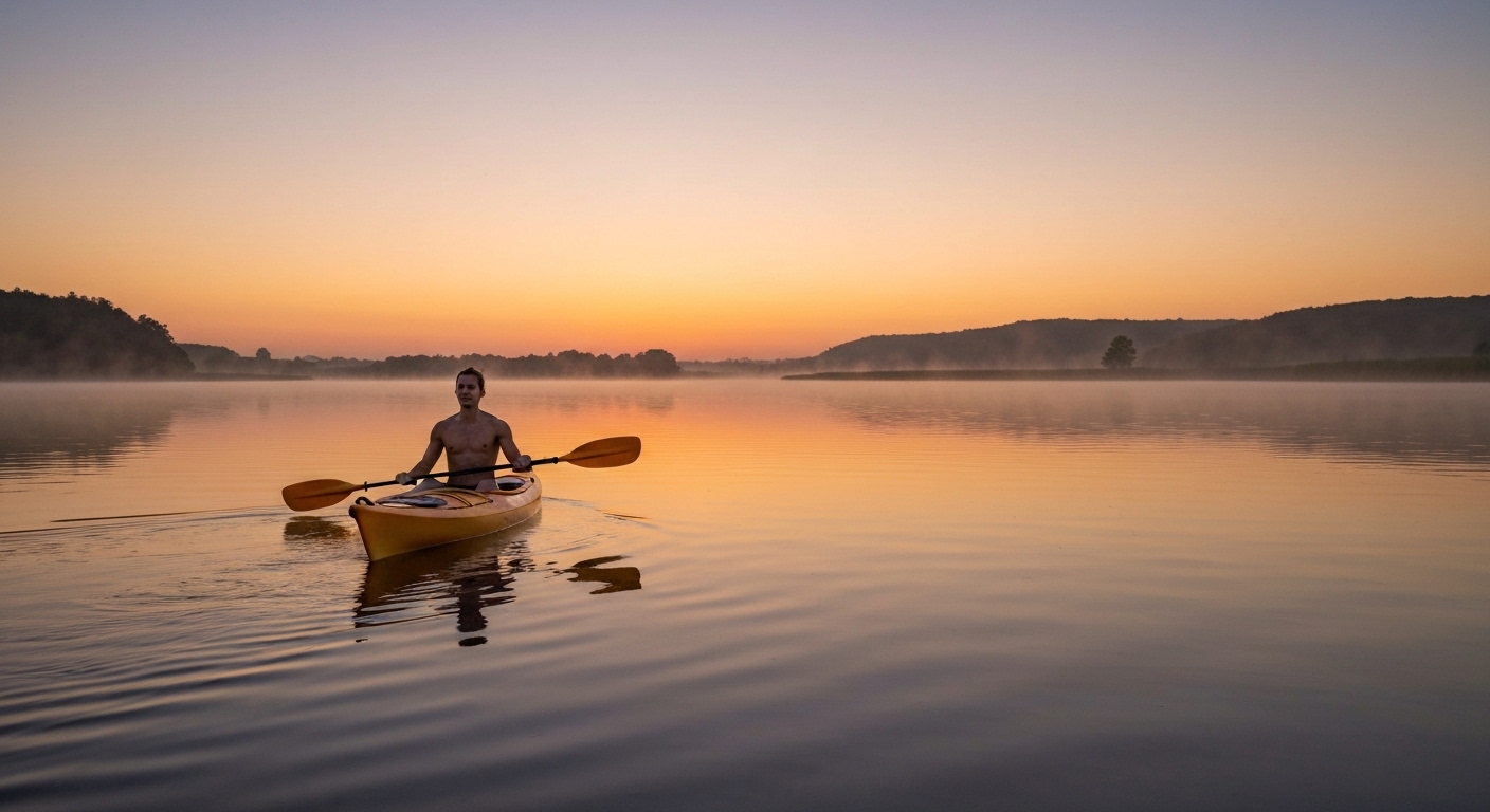 Mental health benefits of kayaking - a peaceful paddler on a calm lake at sunrise