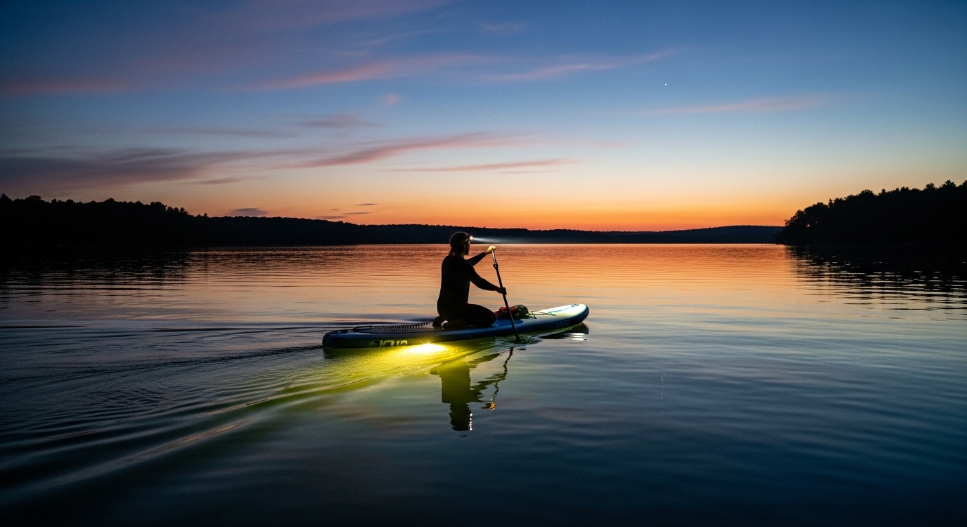 Night paddle boarding - a paddler on an LED-lit SUP at dusk