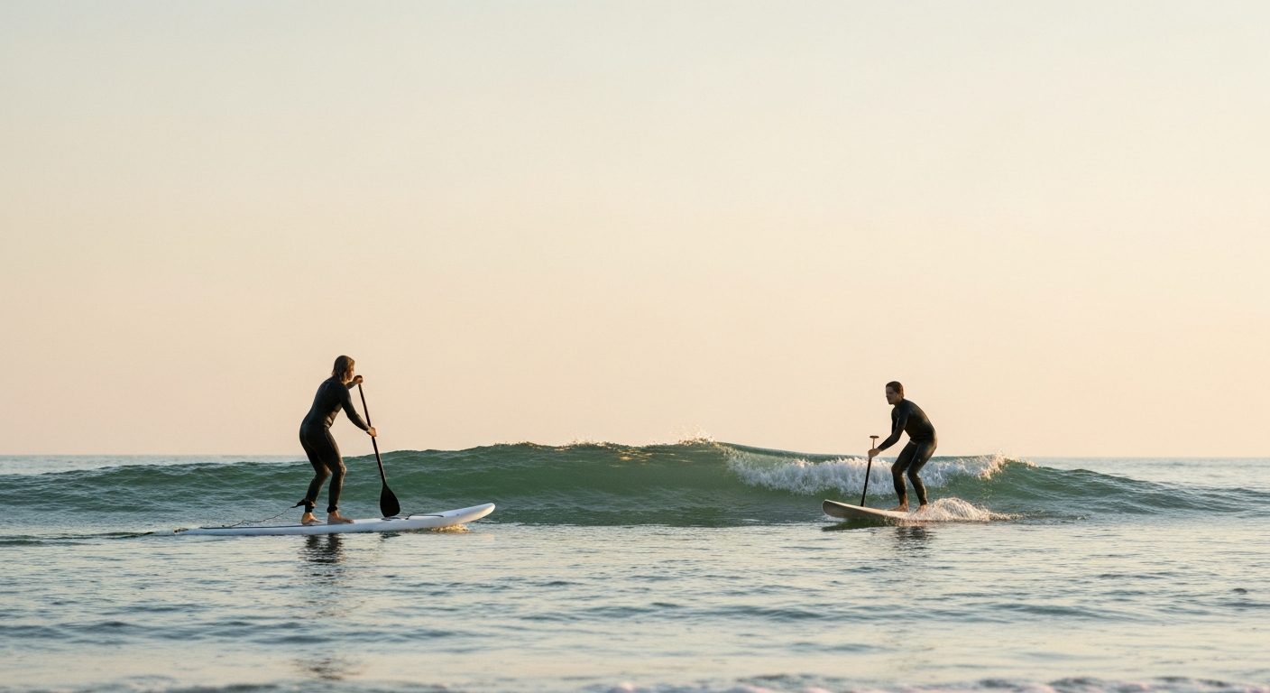 Difference between paddle boarding and surfing - a paddleboarder and a surfer