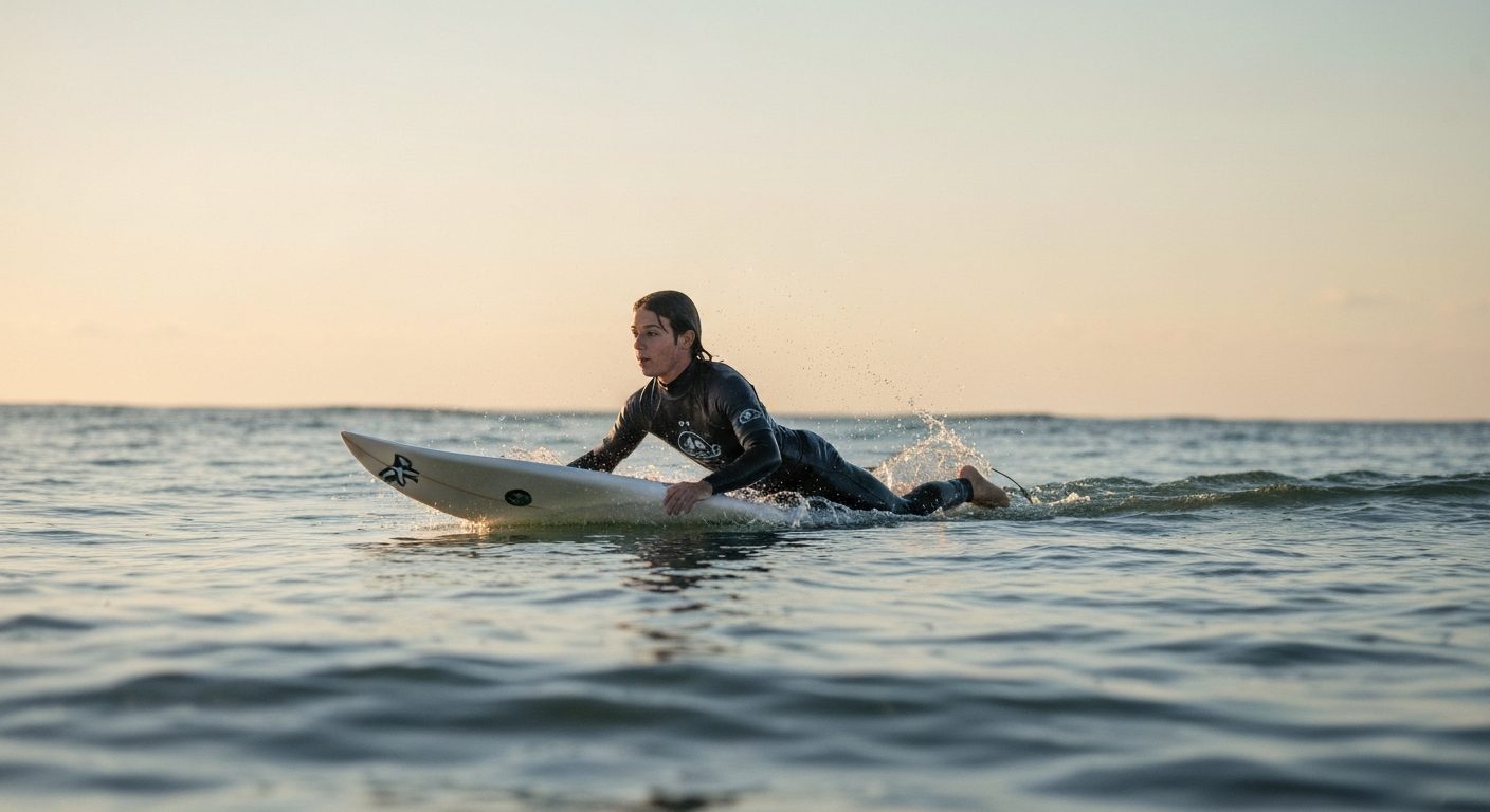 Health benefits of surfing - a surfer paddling hard