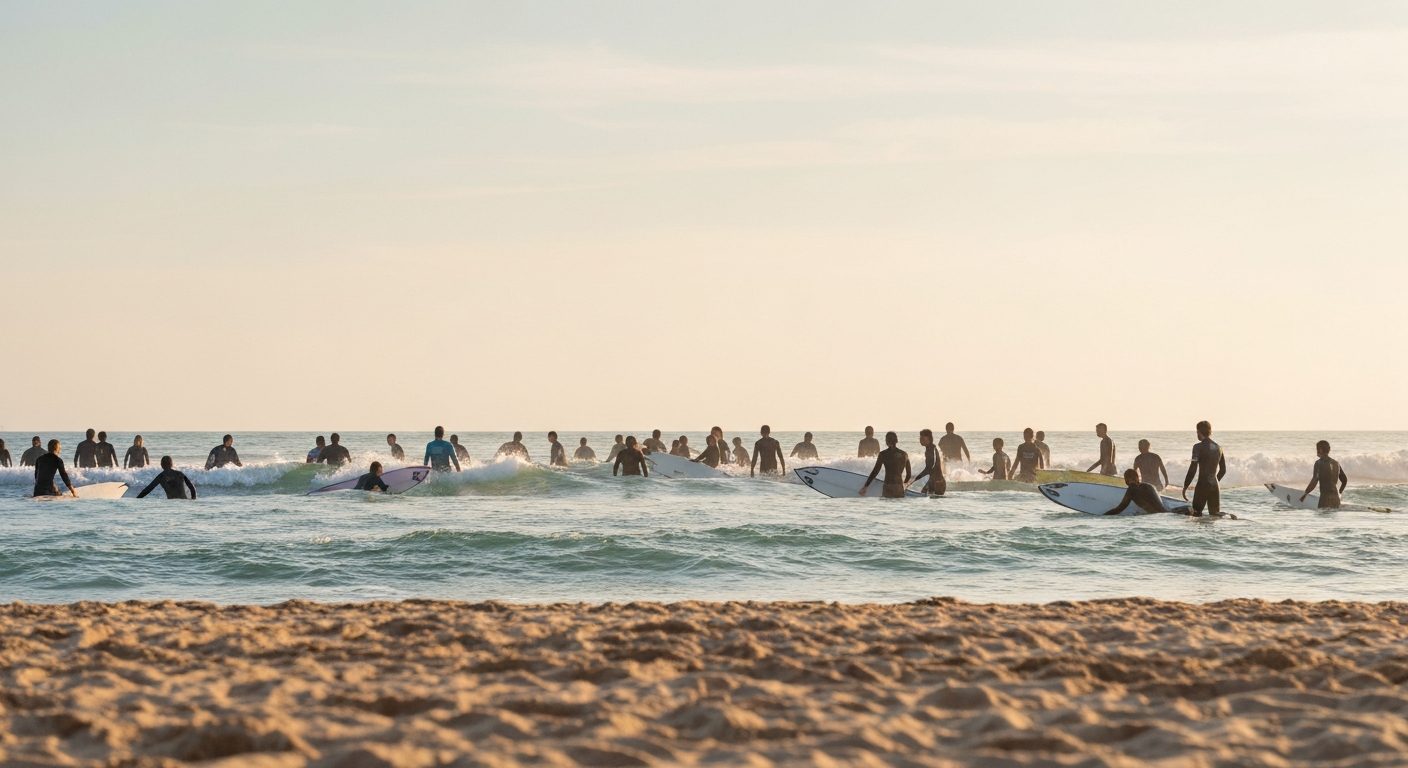 Why surfing is so popular - a busy surf lineup