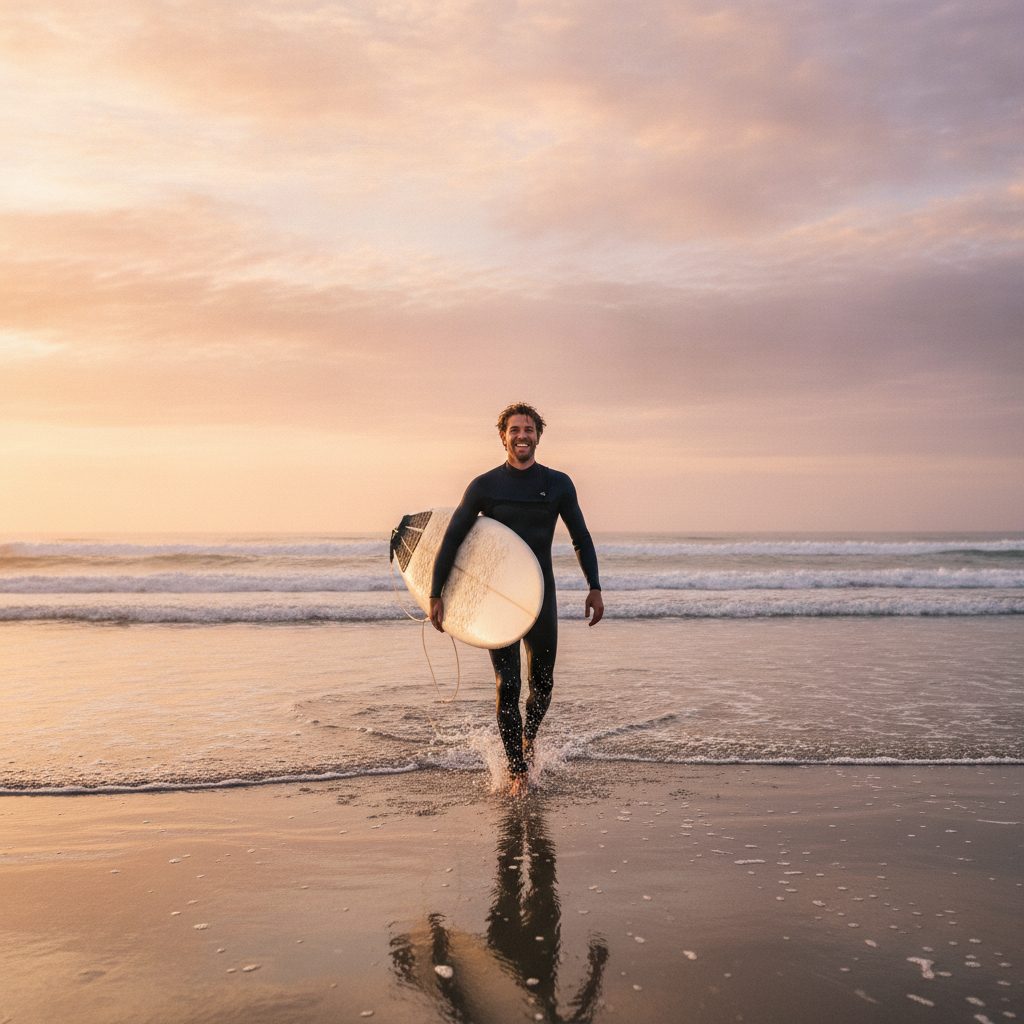 Benefits of surfing - a happy surfer walking out of the ocean
