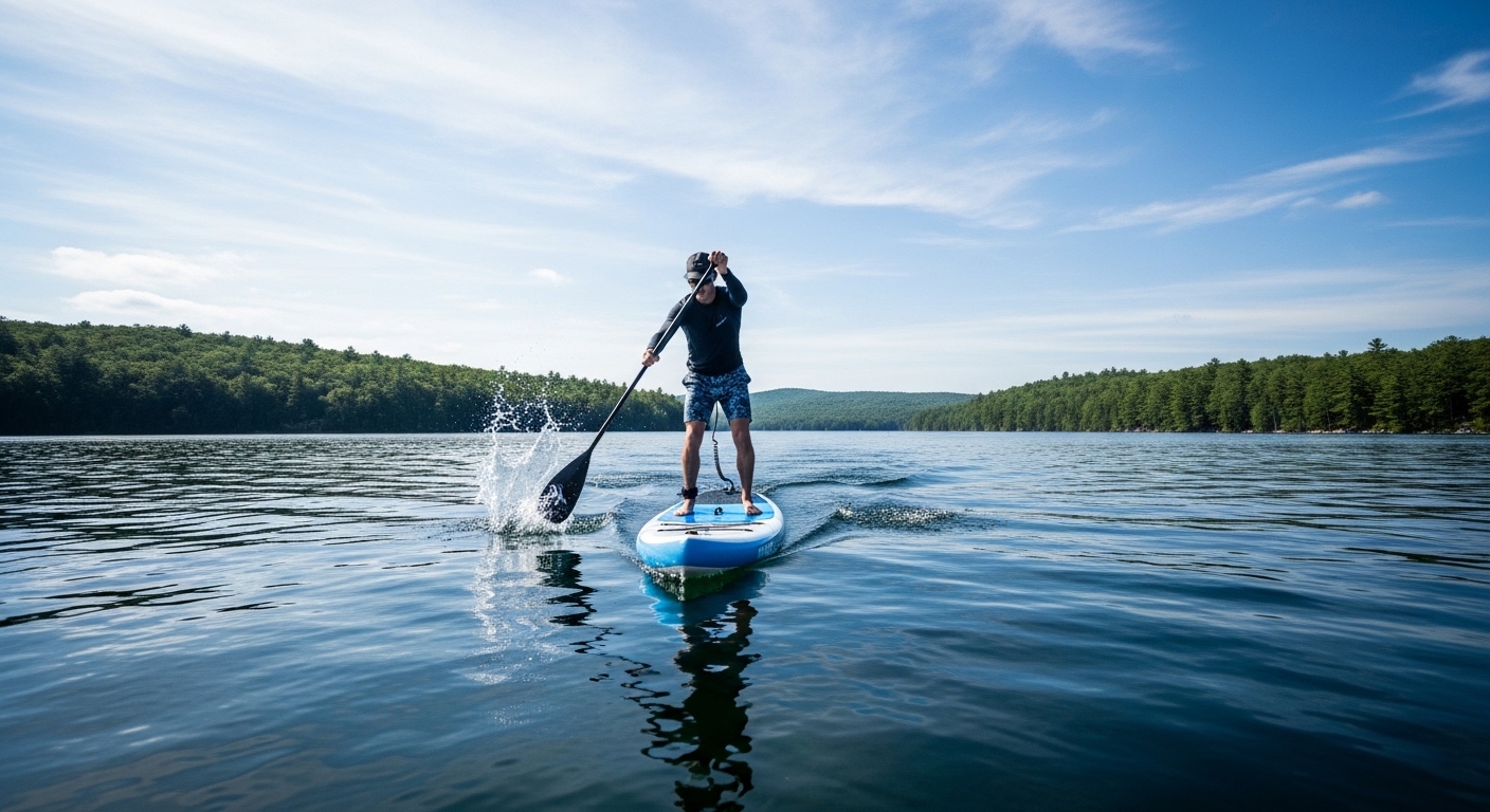 Paddle board calories burned - athletic paddler getting a full-body workout on a lake