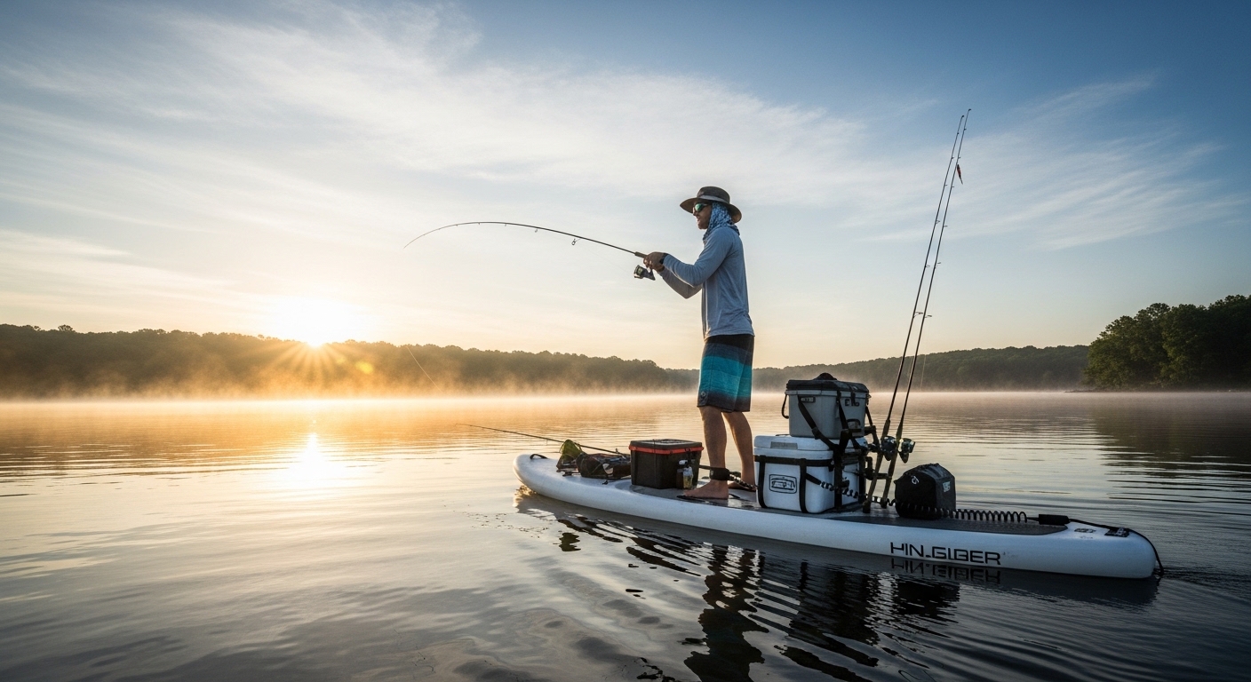 Paddle board fishing - an angler fishing from a stable SUP at dawn