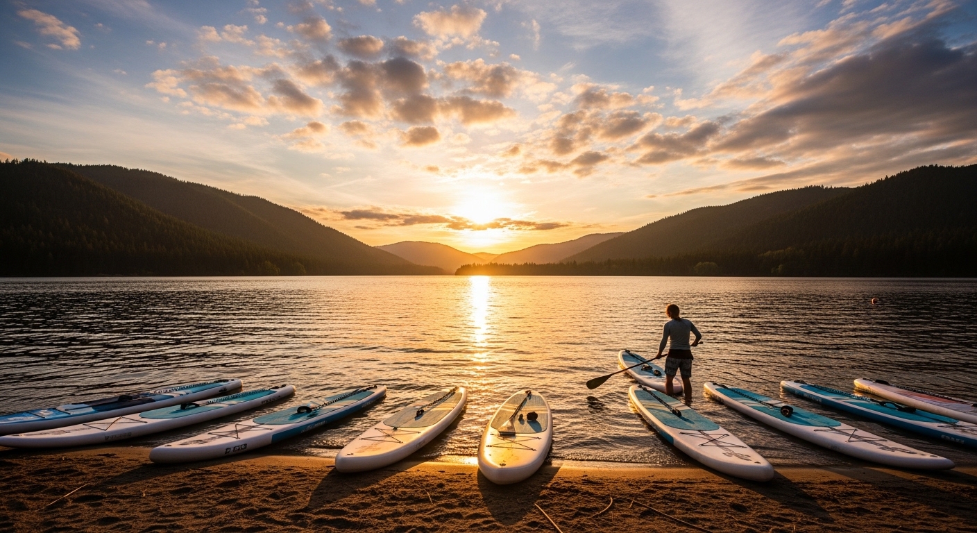 Paddle board size chart by weight - paddle boards of different lengths lined up on a lake shore
