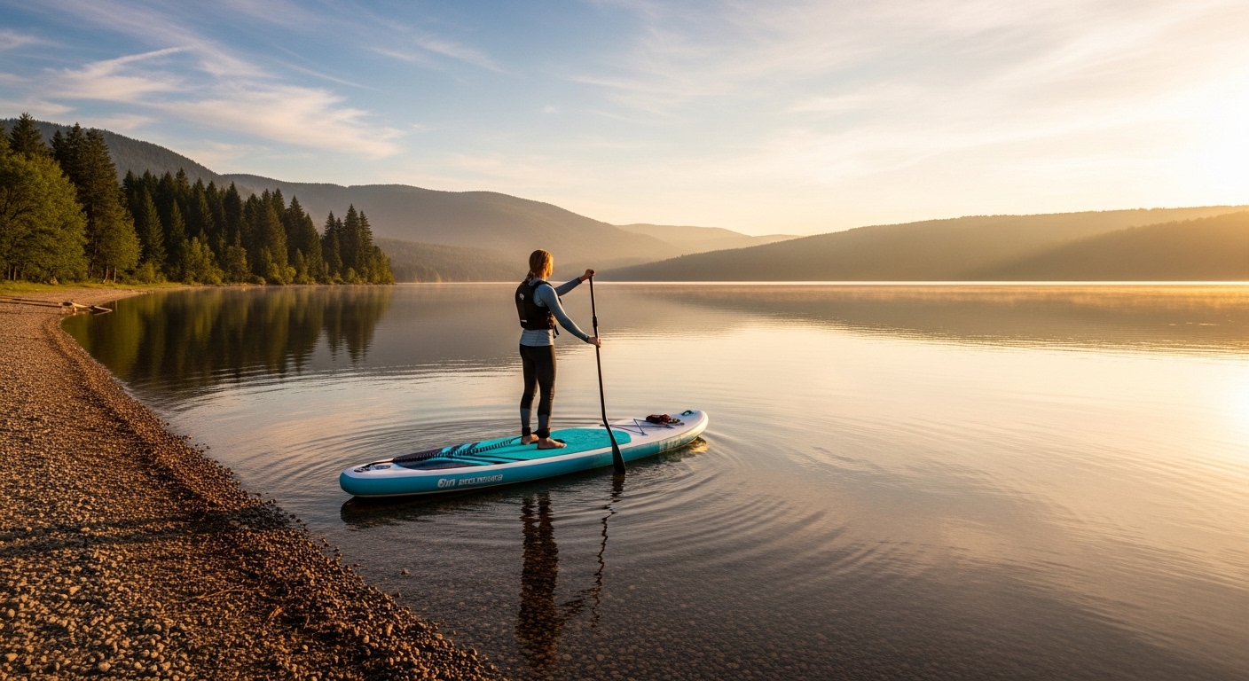 What size paddle board for my weight - paddler beside a correctly sized SUP