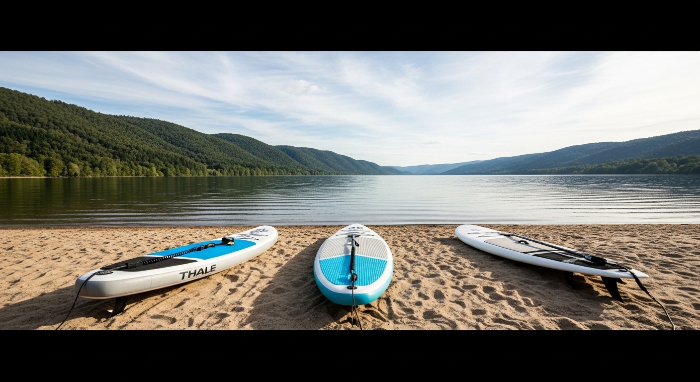 Types of paddle boards - all-around, touring and surf SUPs lined up