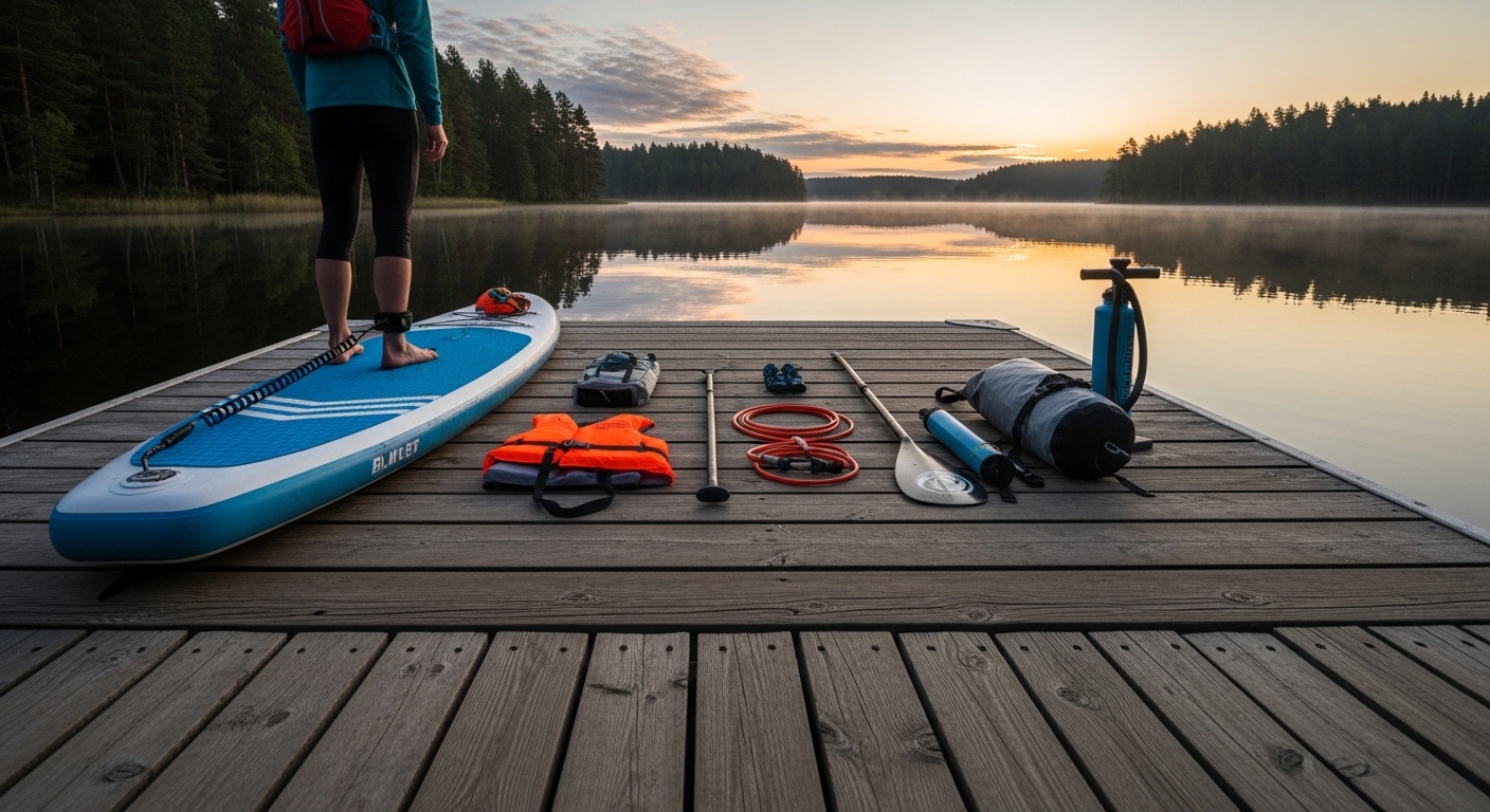 Paddle boarding checklist - SUP gear laid out ready on a dock (board, paddle, PFD, leash, pump)