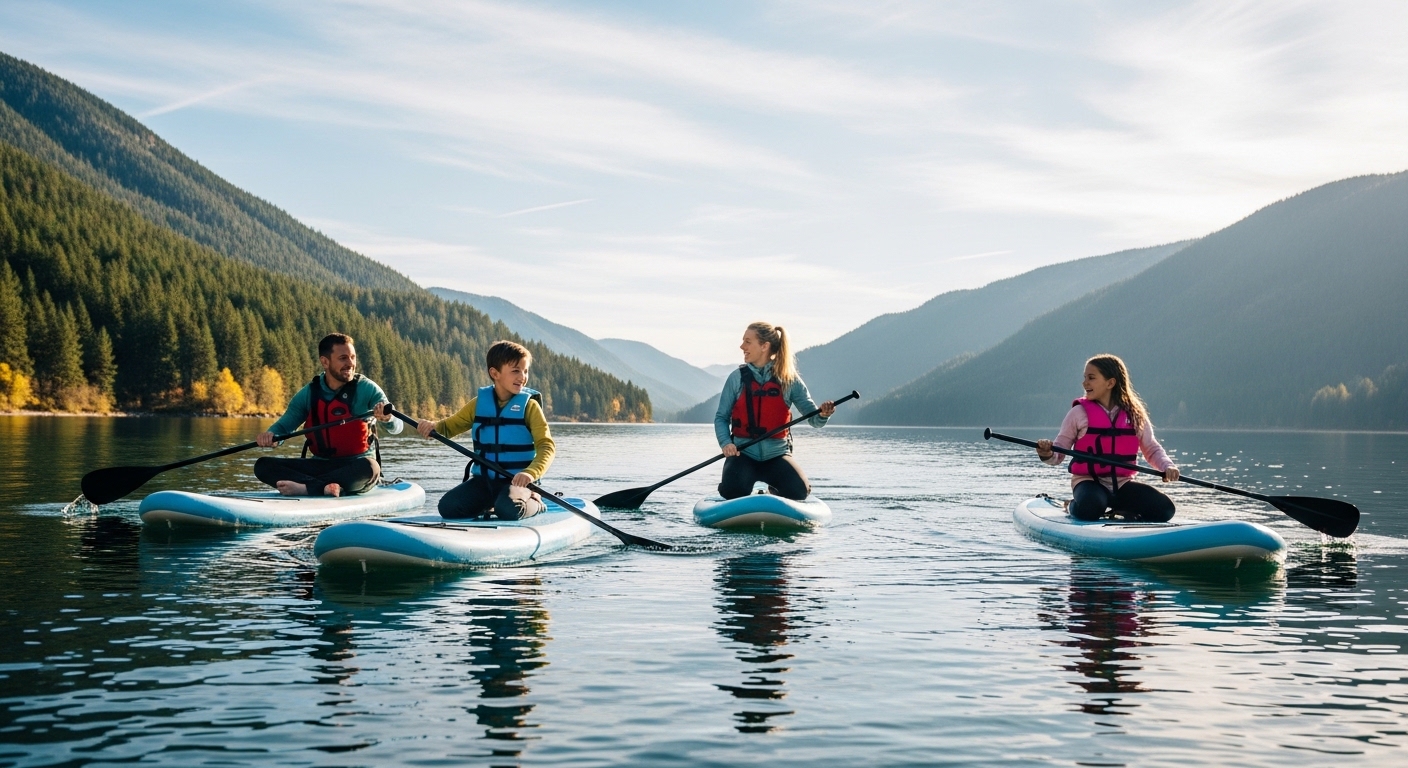 Paddle boarding family activity - a happy family paddling SUPs together on a calm lake