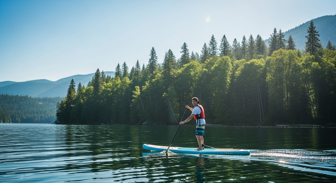 Paddle boarding for beginners - a beginner paddling a SUP on a calm lake