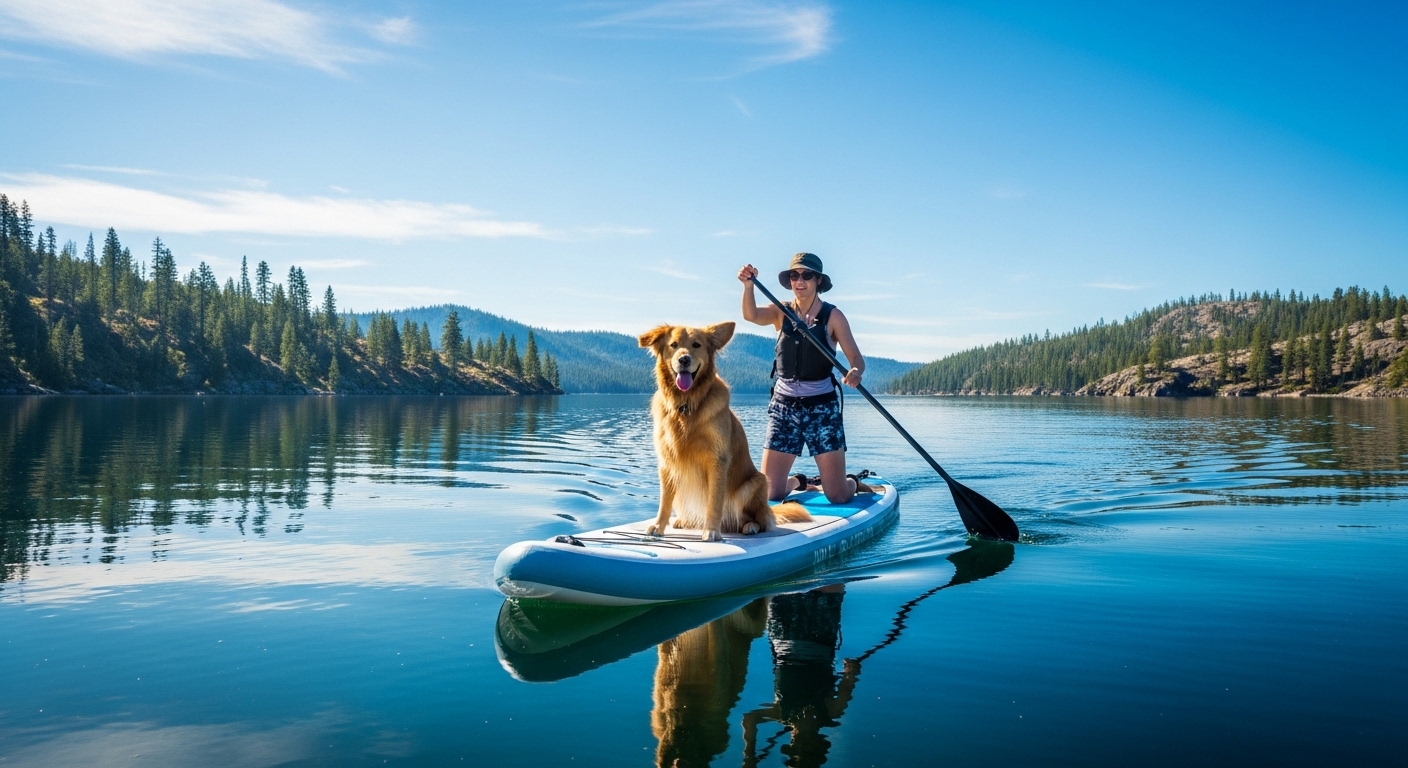 Paddle boarding with a dog - a dog riding on a wide stable SUP with its owner