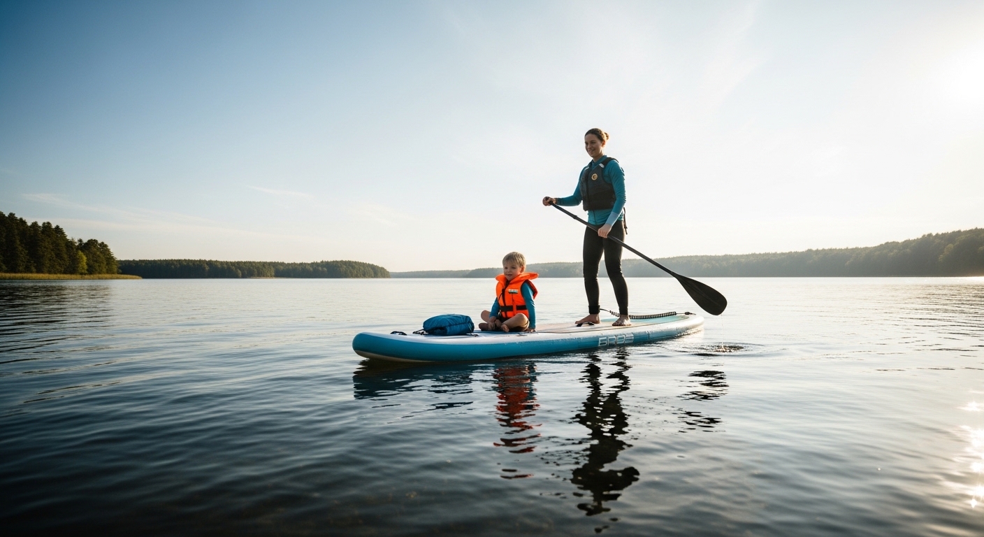 Paddle boarding with kids - a parent paddling a stable SUP with a child in a life jacket