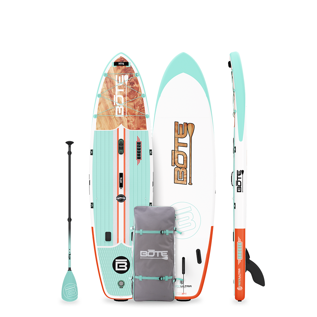 BOTE Breeze Aero inflatable stand-up paddleboard package with paddle, pump, fin and travel bag